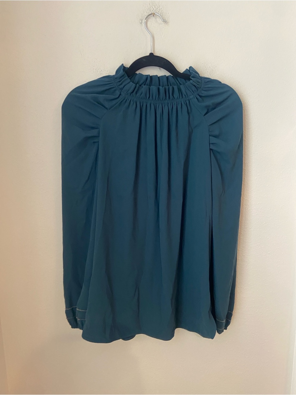 Brochu Walker Teal Ruffle Neck Long Sleeve Blouse Small